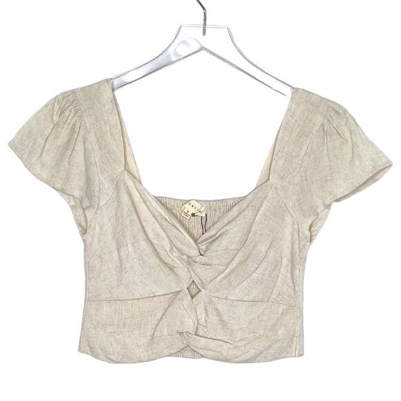 Promesa S Womens Beige Smock Back Twist Front Crop Top Cotton Linen - Picture 1 of 10